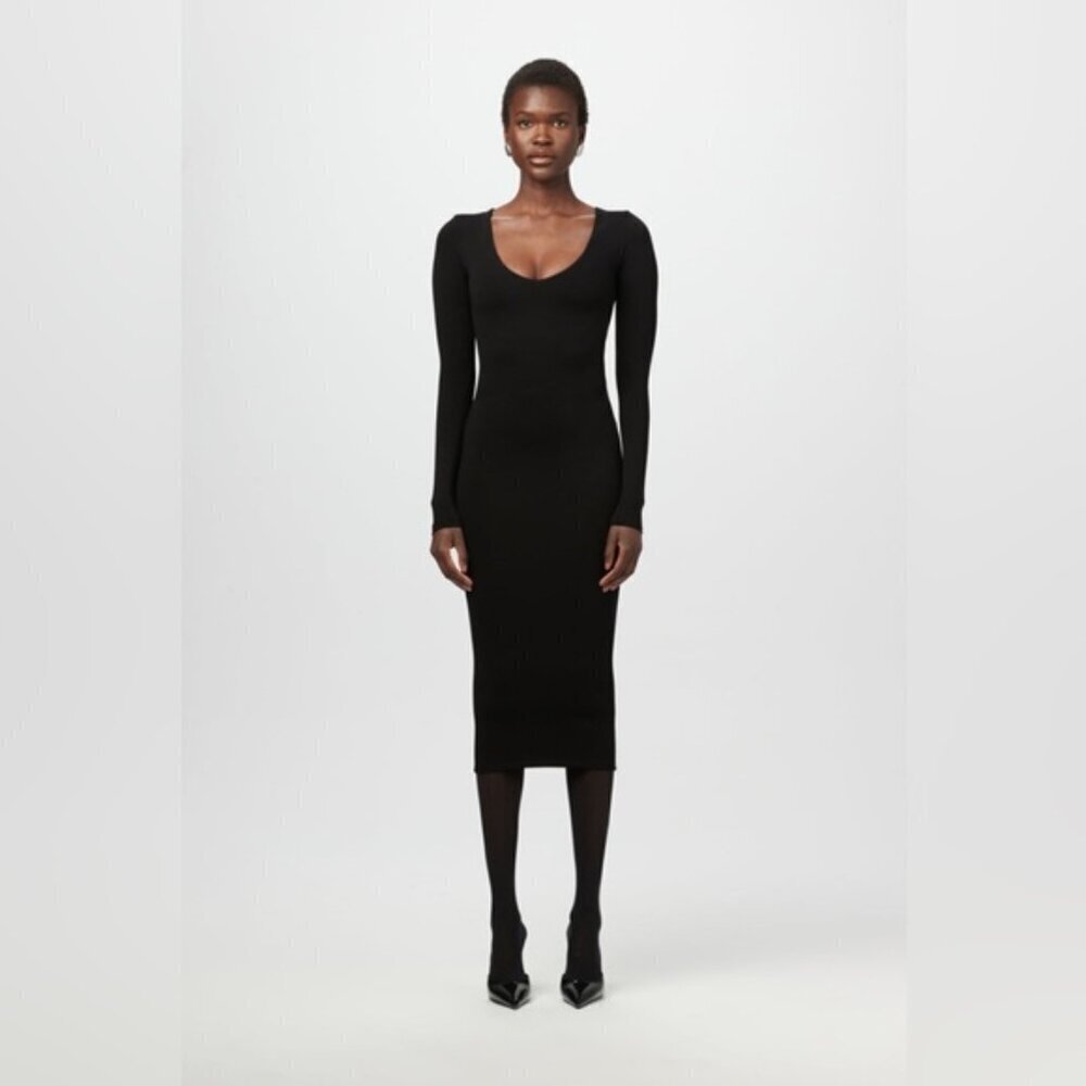 NAKED WARDROBE M V neck green long sleeve midi bodycon dress
